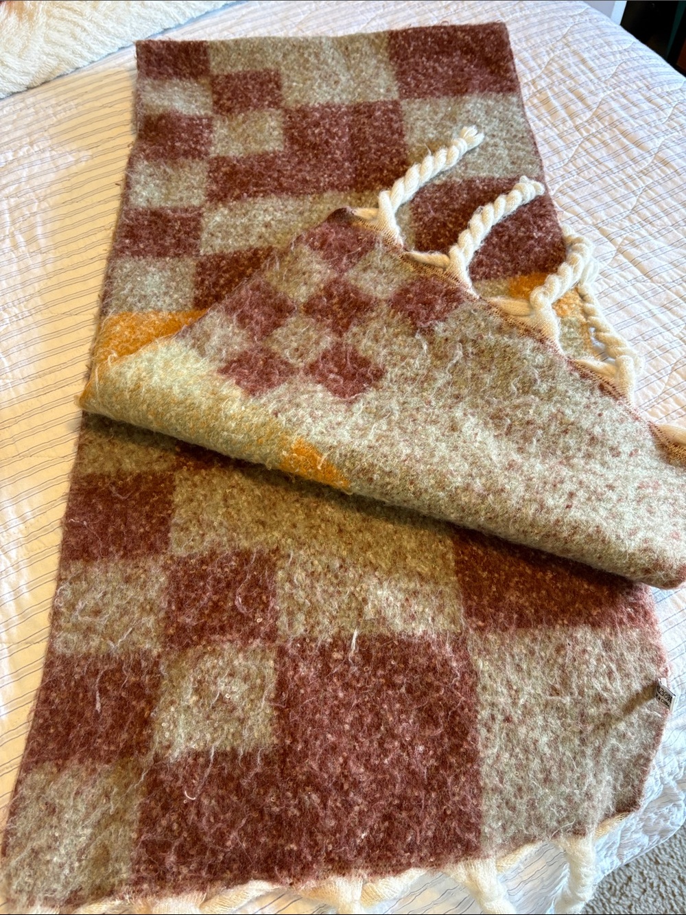 Cozy Checked Fringe Scarf in Rust and Cream